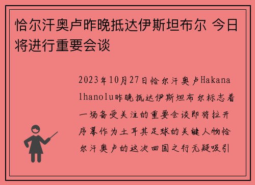 恰尔汗奥卢昨晚抵达伊斯坦布尔 今日将进行重要会谈