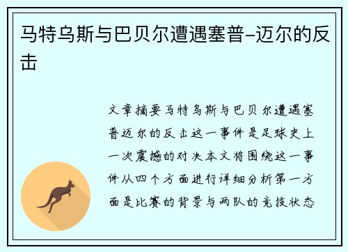 马特乌斯与巴贝尔遭遇塞普-迈尔的反击