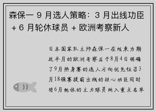 森保一 9 月选人策略：3 月出线功臣 + 6 月轮休球员 + 欧洲考察新人