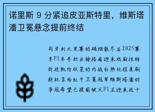 诺里斯 9 分紧追皮亚斯特里，维斯塔潘卫冕悬念提前终结
