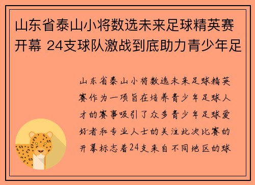 山东省泰山小将数选未来足球精英赛开幕 24支球队激战到底助力青少年足球发展